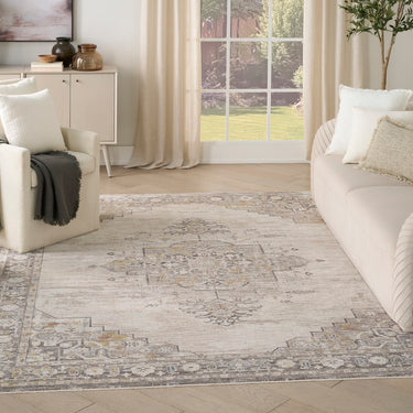 Antique Fusion ANF01 Fringed Bordered Medallion Ivory Persian Traditional Vintage Abstract Rug - Large 160x239 cm (5'3"x7'10")