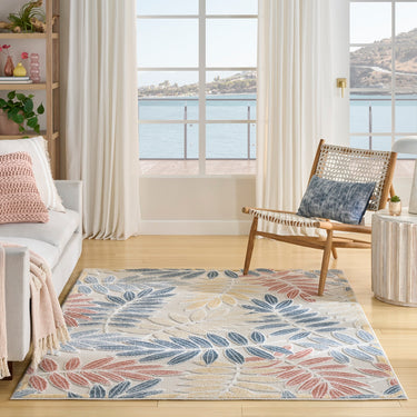 Nourison Aloha ALH18 Ivory Blue Indoor Outdoor Washable Polypropylene Floral Rug