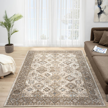 URCO 550AQ Classic Cream Light Brown Traditional Vintage Textured Bordered Hallway Runner Rug
