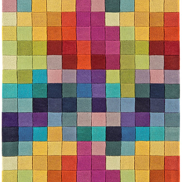 Funk Hand Tufted Wool Bright Multi Coloured Natural Boxes Squares Checked Rug Hall Runner