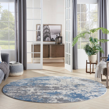 Rustic Textures RUS08 Modern Abstract Circle Round Rug in Ivory Grey Blue
