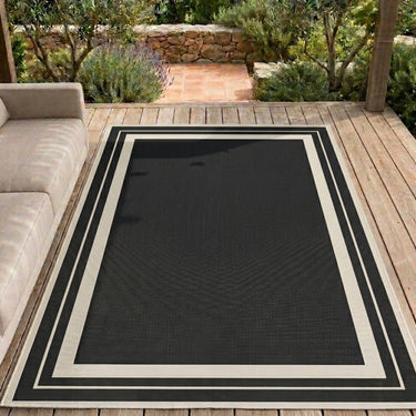 Terrace Black Polypropylene Geometric Flatweave Bordered Rug - Small 80x150 cm (2'6"x5')