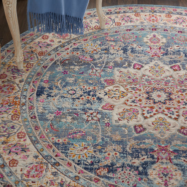 Nourison Vintage Kashan VKA01 Traditional Rug Bedroom Living Room Oriental Classic Round Rug in Blue