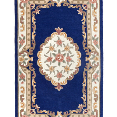 Origins Aubusson Shensi Traditional Wool Round, Hallway, Halfmoon Rug in Navy