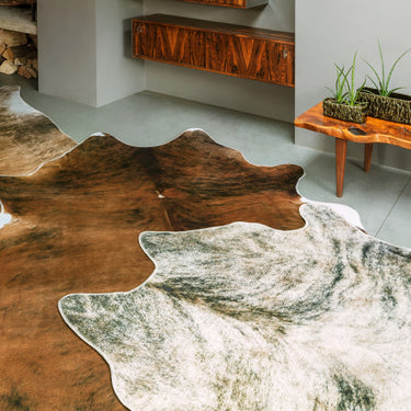 Texas Faux Cowhide Print Sheepskin Fur Rug in Grey, Brown and Chesnut 190 x 240 cm