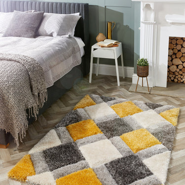 Origins 3D Geo Silky Diamond Ochre Yellow Grey Hand-Carved Shaggy Geometric Rug