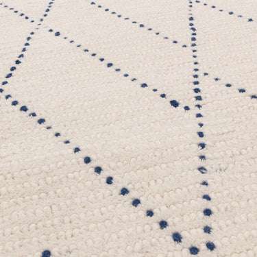 Nepal Cream Blue Linear Bohomian Berber Hand Woven Wool Fringed Rug