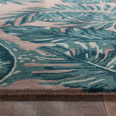 Tropical Green Leaves Hand Tufted Wool Rug in Blush Pink