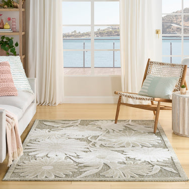 Nourison Aloha ALH33 Ivory Sage Green Indoor Outdoor Washable Polypropylene Floral Rug