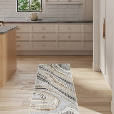 Glitz GLZ21 Marble Silky Shimmer Grey Gold Abstract Modern Soft Hallway Runner Rug