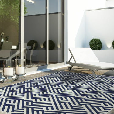 Asiatic London Antibes AN04 Blue White Linear Indoor Outdoor Polypropylene Geometric Flatweave Rug - Small 80x150 cm (2'6"x5')