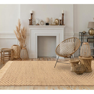Vigo Jute Rug Hand Made Flatweave Herringbone Patterned Fringed Bohemian Natural Texture Jute Rug