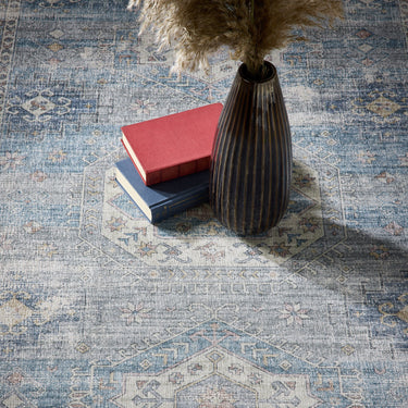 Origins Venice Bordered Classic Blue Washable Non-Slip Cotton Chenille Rug