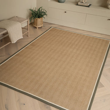 Bordo Sisal Khaki Cream Border Herringbone Pattern Natural Beige Jute Cotton Textured Flatweave Rug - Medium 120 x 170 cm (4'x5'6")
