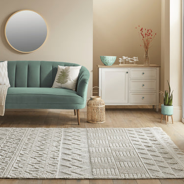 Anya ANR01 Rug Hand Made Wool Geometric Traditional Modern Bohomian Tribal Fringed  Rug in Ivory Mint