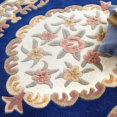 Origins Aubusson Shensi Traditional Wool Round, Hallway, Halfmoon Rug in Navy