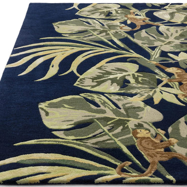 Monkey Business Botanical Wool Viscose Rug by Clarke & Clarke Hand Tufted Quality Rug in Indigo Blue