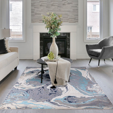 Aurora Ocean AU18 Modern Abstract Marbled Shiny Blue Rug