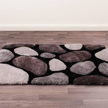 Modern 3D Carved Stepping Stones Soft Silky Shaggy Small Rug in Black 60x110 cm