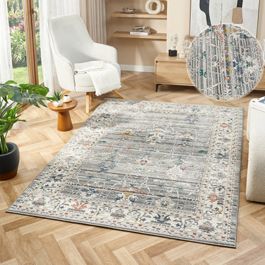 URCO Nova Luca Grey Polypropylene Traditional Vintage Bordered Rug