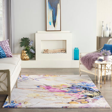 Prismatic PRS20 Hand-Tufted New Zealand Wool and Silk Floral Motifs Grey Lilac Multicolour Rug