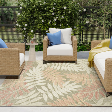 Nourison Aloha ALH18 Sage Green Rose Indoor Outdoor Washable Polypropylene Floral Rug
