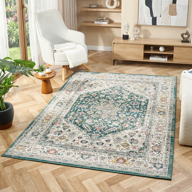 Nova Nico Forest Green Polypropylene Traditional Vintage Bordered Rug - X-Small 40x60 cm (1'3"x1'11")