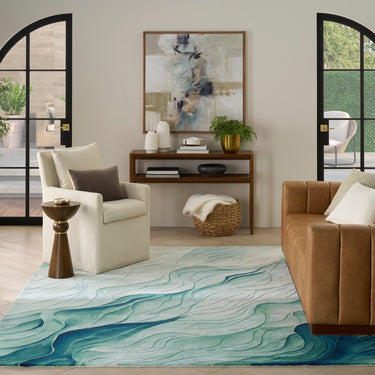 Prismatic PRS42 Hand-Tufted New Zealand Wool and Silk Wave Pattern Silver Green Rug