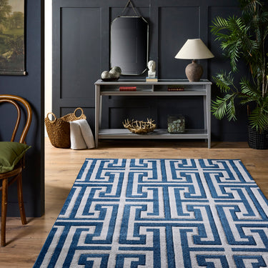 Origins Elegant Greek Key Navy Blue Jute Polypropylene Geometric Rug
