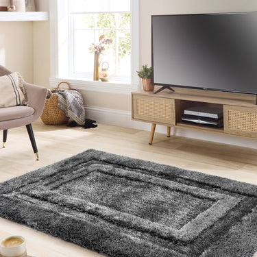Origins Frame Tufted Silky Thick Charcoal Grey Shaggy Bordered Modern Hallway Runner Rug