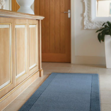 Origins Borders Hand Loom Woven Wool Bordered Rug Hallway in Navy Blue