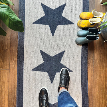 My Stain Resistant Durable Navy Blue Star Washable Non-Slip Polypropylene Bordered Hallway Runner Rug - Runner 67x150 cm (2'3"x5')
