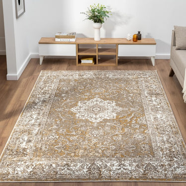 URCO 865AC Classic Ochre Gold Traditional Vintage Textured Bordered Hallway Runner Rug - Small 80x150 cm (2'6"x5')