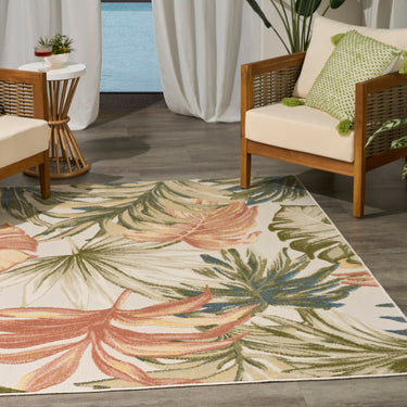 Aloha ALH43 Ivory Green Indoor Outdoor Polypropylene Floral Textured Rug - Medium 107x168 cm (3'6"x5'6")