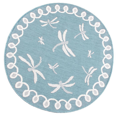 Terrace Dragonfly Outdoor Bordered Circle Round Rug in Terracotta, Blue, Gold, Teal and Natural