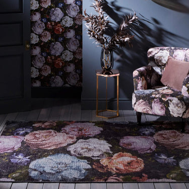 Floretta Floral Rug by Clarke & Clarke Botanical Roses Flatweave Rug in Blush Charcoal