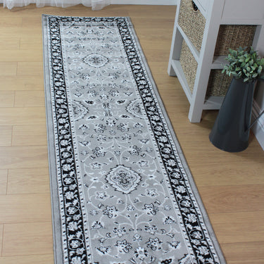 Traditional Sherborne Classic Bordered Rug Hallway Runner in Grey