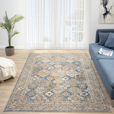 URCO 550AG Blue Traditional Vintage Textured Bordered Hallway Runner Rug