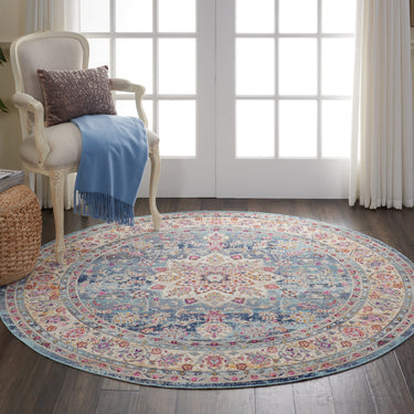 Nourison Vintage Kashan VKA01 Traditional Rug Bedroom Living Room Oriental Classic Round Rug in Blue