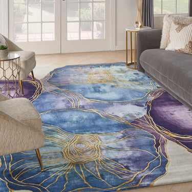 Prismatic Abstract Rug by Nourison Modern Luxury Soft Wool Silky Viscose Hand Tufted PRS32 Rug in Blue Gold