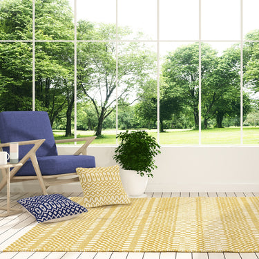 Halsey Indoor Outdoor Rug Hand Woven Geometric Flatweave Reversible Mustard Yellow Rug, Runner or Cushion