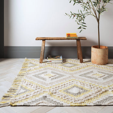 Carlton Hand Woven Geometric Indoor Outdoor Rugs with Tassels in Pink, Mustard and Grey