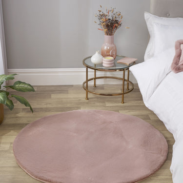 URCO Luxe Faux Fur Super Blush Pink Shaggy Textured Plain Rug - Circle 133x133 cm (4'5"x4'5")