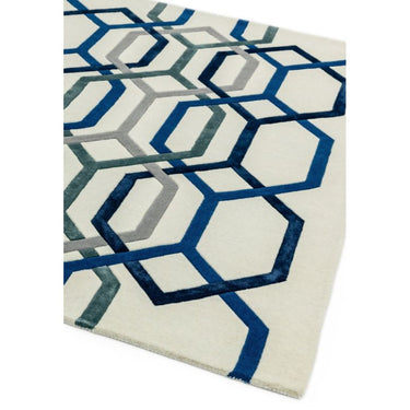 Matrix Hexagon MAX65 Tufted Blue White Wool Geometric Textured Rug