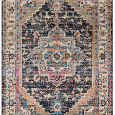 Zola Razan Vintage Traditional Persian Silky Rug in Shiny Charcoal Blue Pink Cream