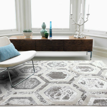 Aurora Crystal AU12 Geometric Honeycomb Shiny Silver Beige Rug
