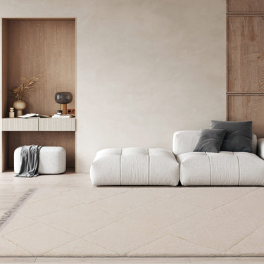 Fes FE01 Shaggy Rug Moroccan Berber Bohomian Soft Touch Carved Tasseled Cream White Kilim Rug