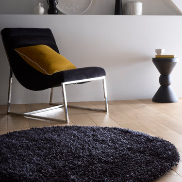 Chicago Shaggy Modern Plain Rug Hallway Runner Circle in Black