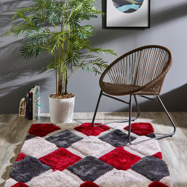 Origins 3D Geo Silky Diamond Red Hand-Carved Shaggy Geometric Rug
