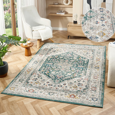URCO Nova Nico Forest Green Polypropylene Traditional Vintage Bordered Rug